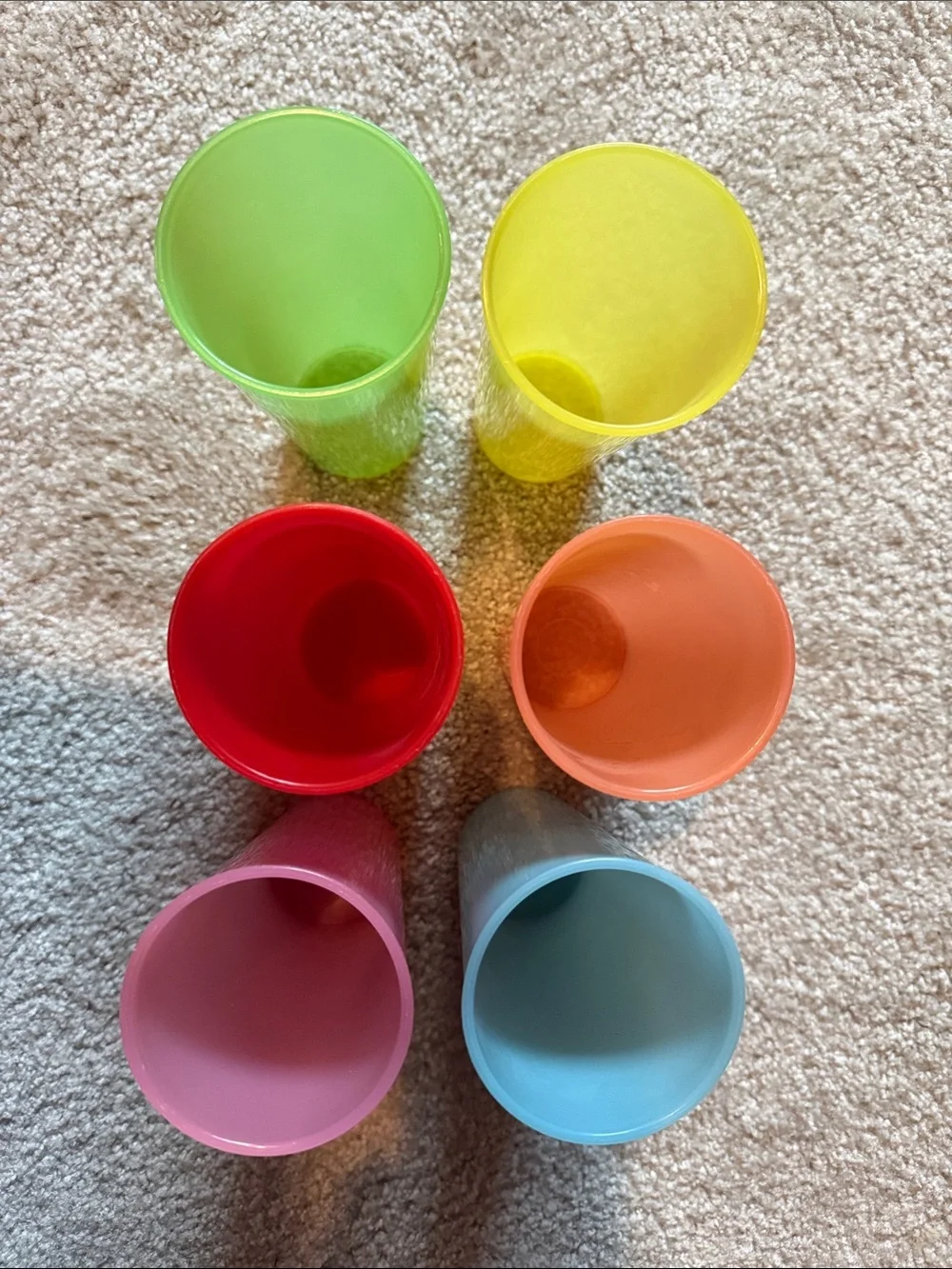 Tupperware set of 6 Colorful Plastic Tumblers - Yellow, Orange, Blue, Green, Red